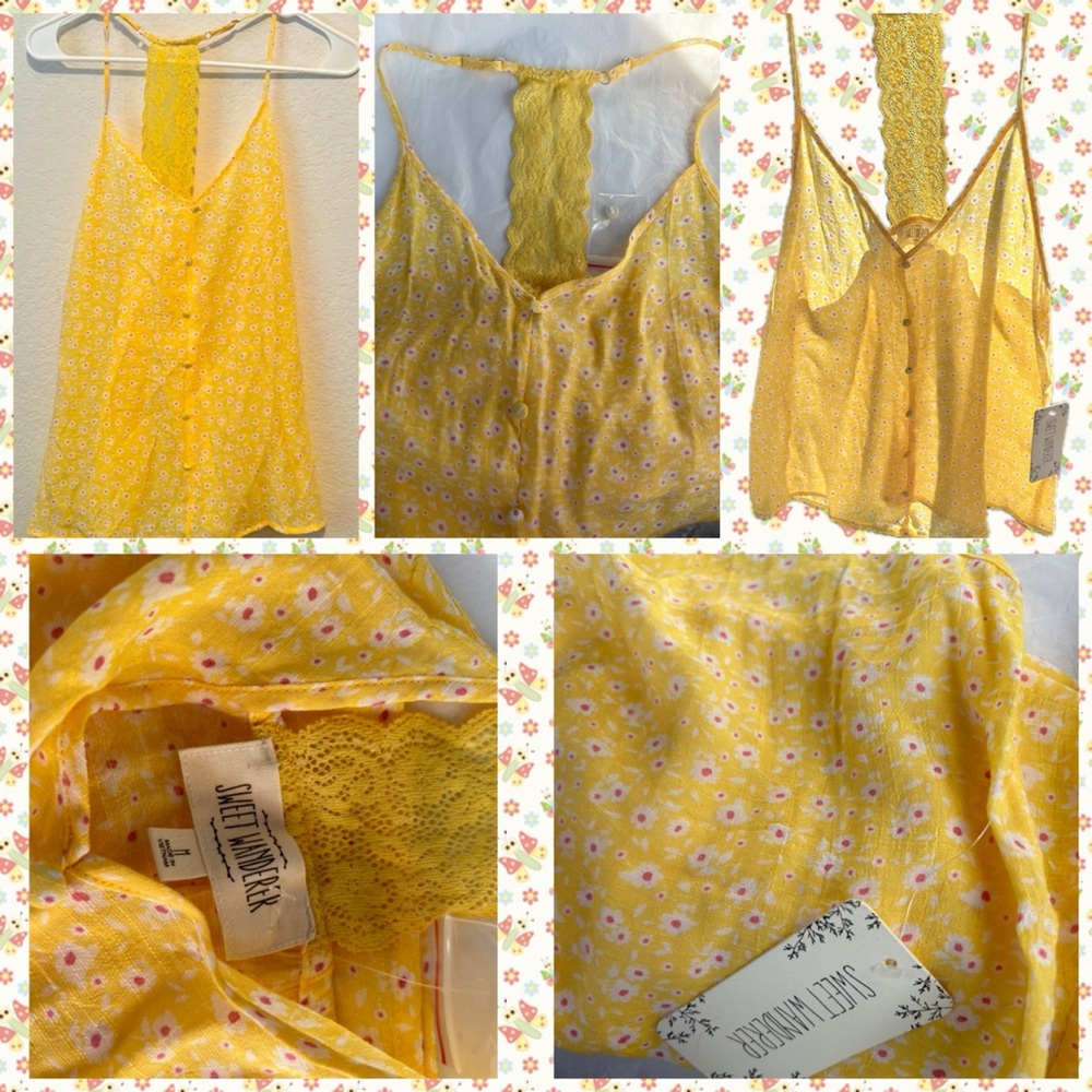 Medium Sweet Wanderer Junior’s Summer Yellow Lace T-Back Relaxed Cami